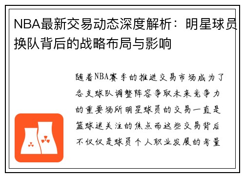 NBA最新交易动态深度解析：明星球员换队背后的战略布局与影响