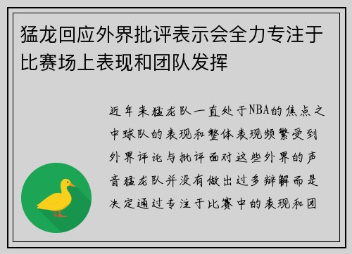 猛龙回应外界批评表示会全力专注于比赛场上表现和团队发挥