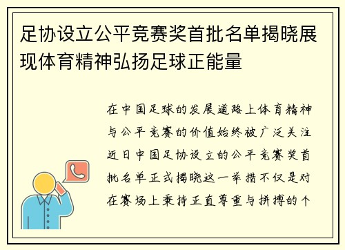 足协设立公平竞赛奖首批名单揭晓展现体育精神弘扬足球正能量